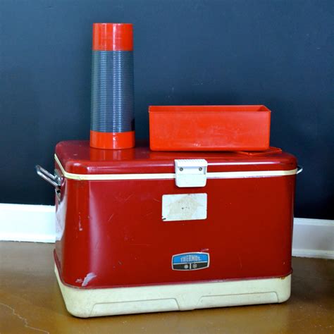 Vintage Cooler - Thermos Brand Red Metal - Outdoor Decor ice chest. . Vintage thermos cooler